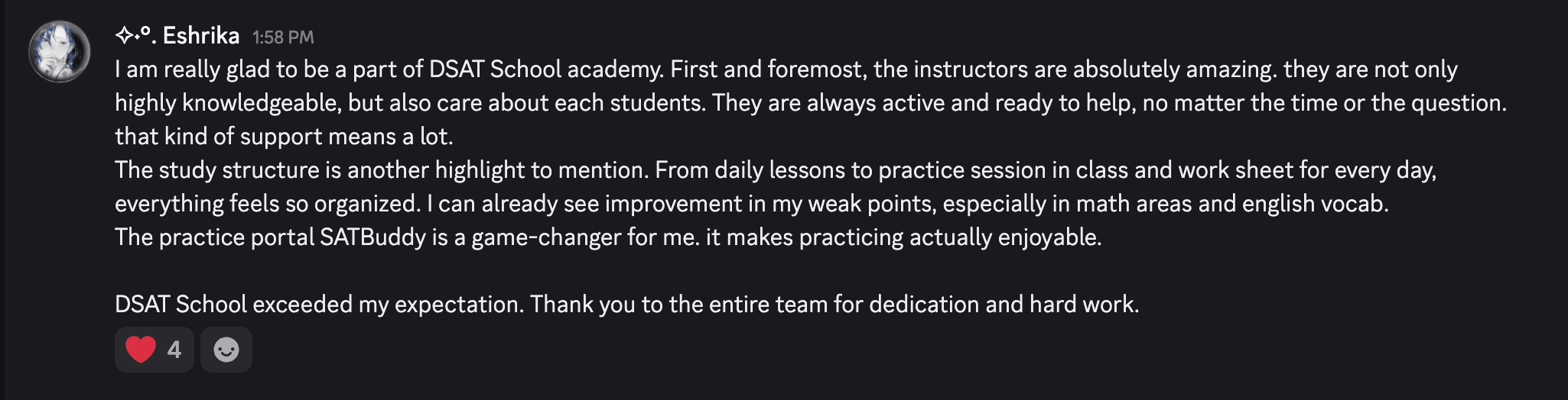 Student review from the SATBuddy Discord community