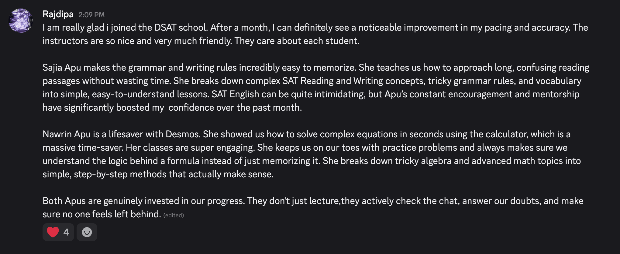 Student review from the SATBuddy Discord community