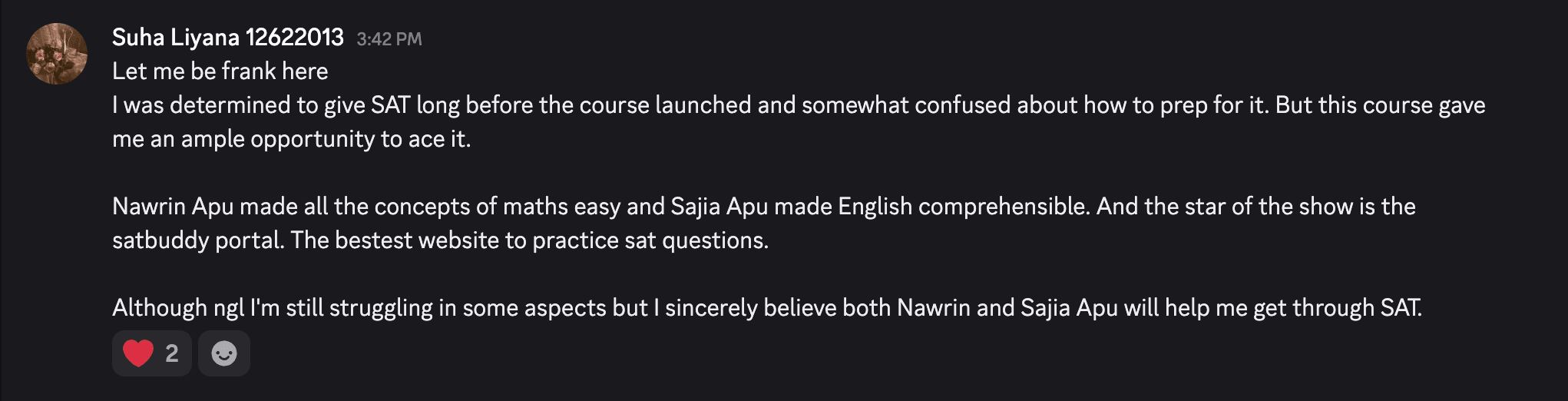 Student review from the SATBuddy Discord community