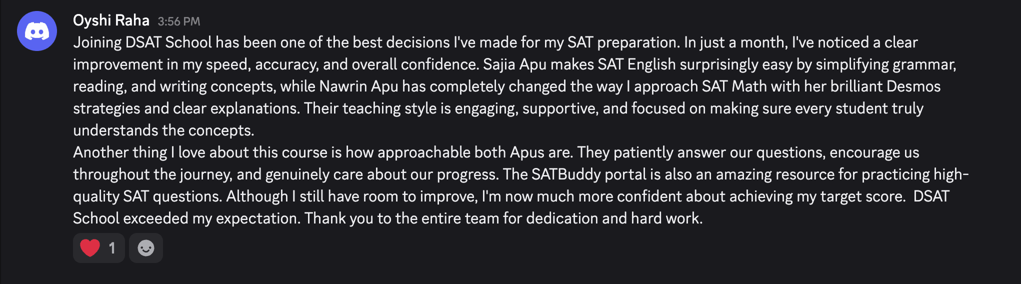 Student review from the SATBuddy Discord community
