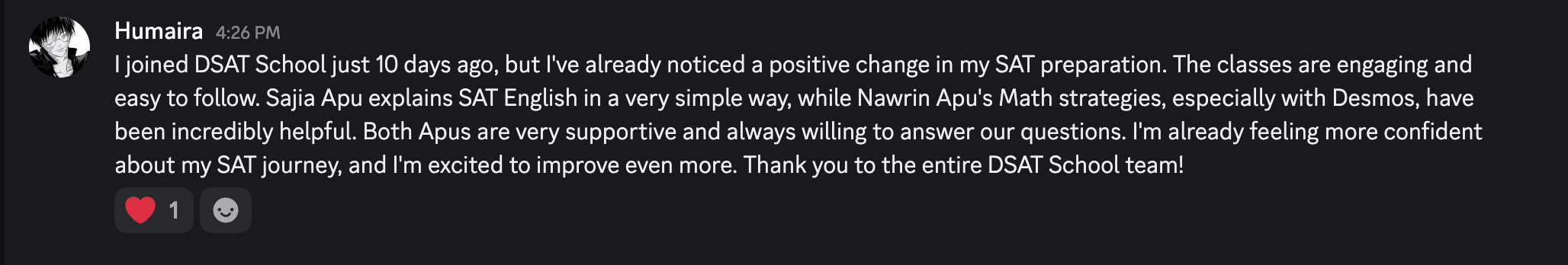 Student review from the SATBuddy Discord community