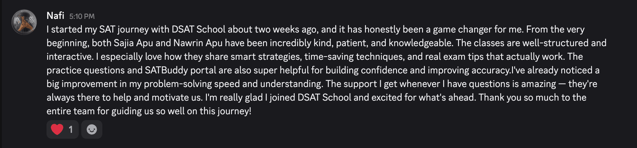 Student review from the SATBuddy Discord community