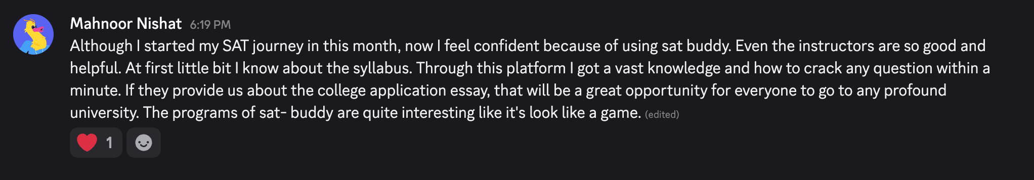 Student review from the SATBuddy Discord community